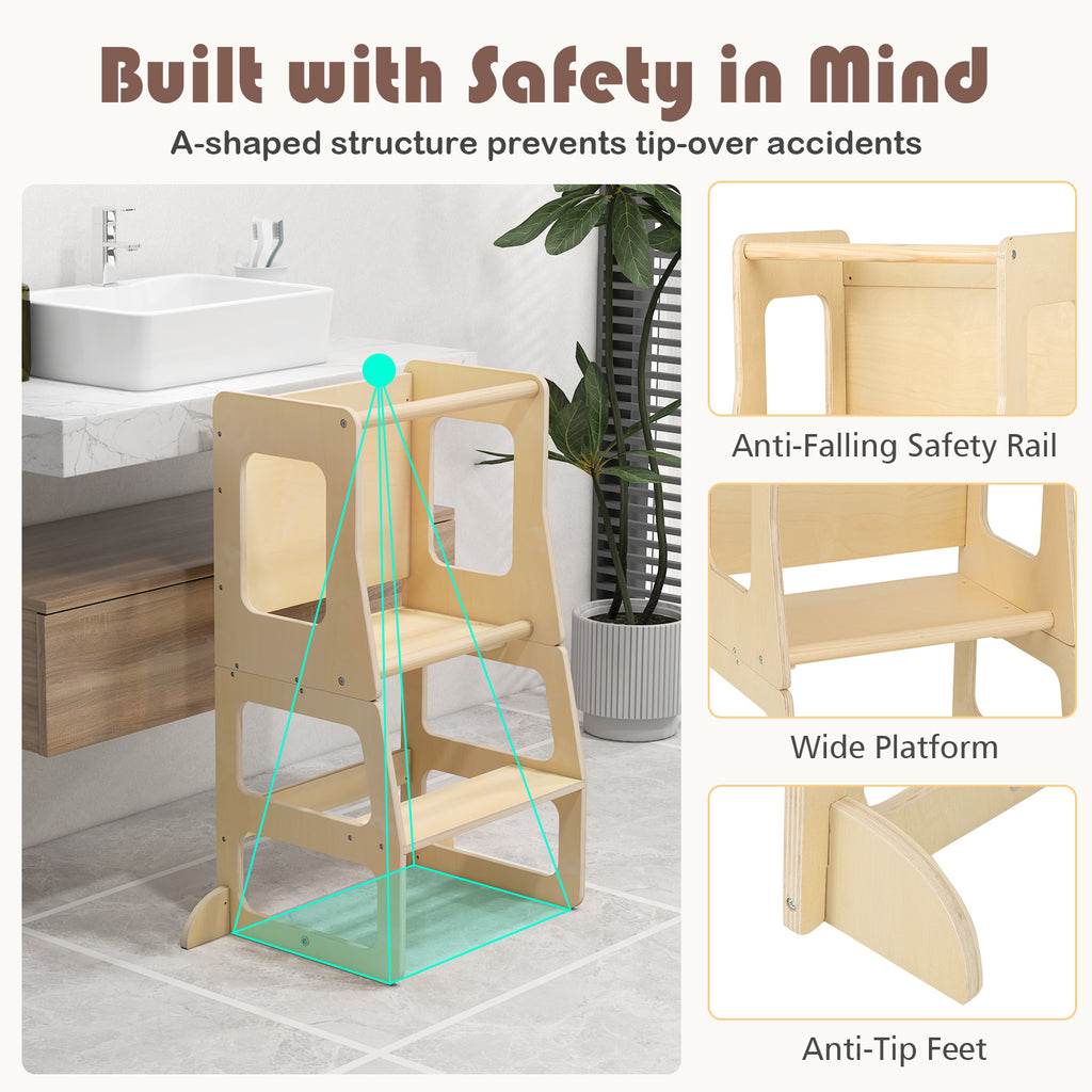 Natural 3-in-1 Foldable Kitchen Standing Tower for Toddlers with Chalkboard