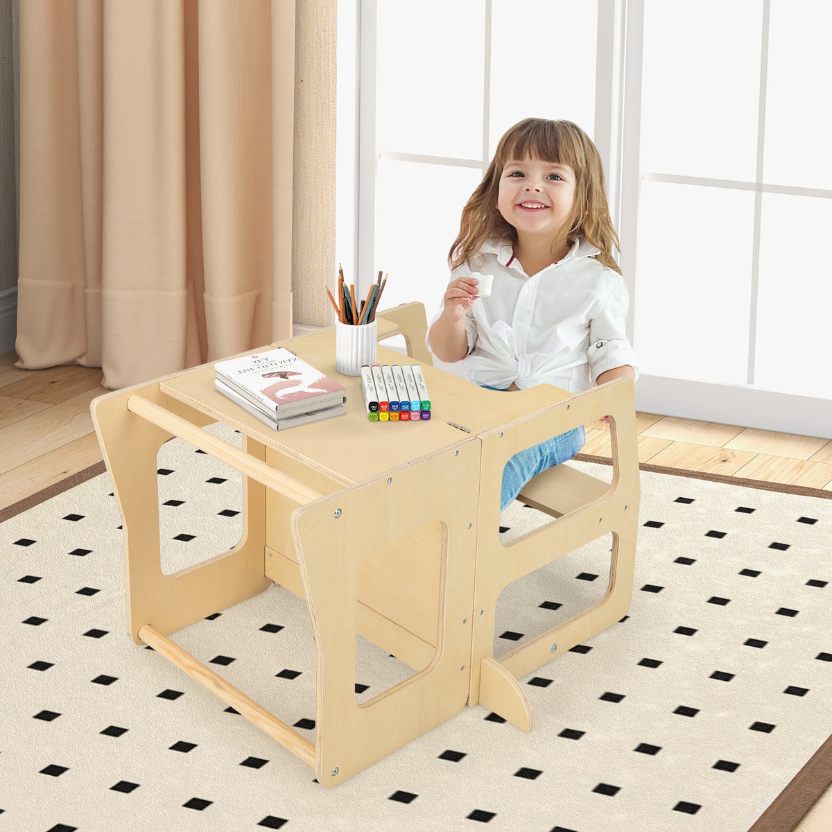 Natural 3-in-1 Foldable Kitchen Standing Tower for Toddlers with Chalkboard