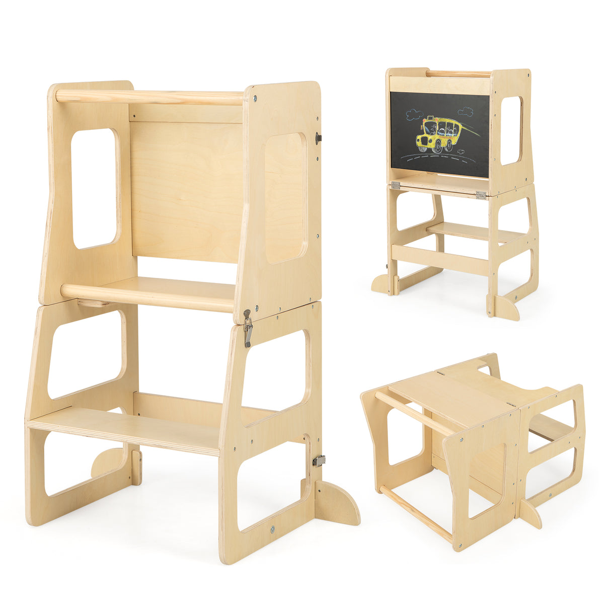 Natural 3-in-1 Foldable Kitchen Standing Tower for Toddlers with Chalkboard