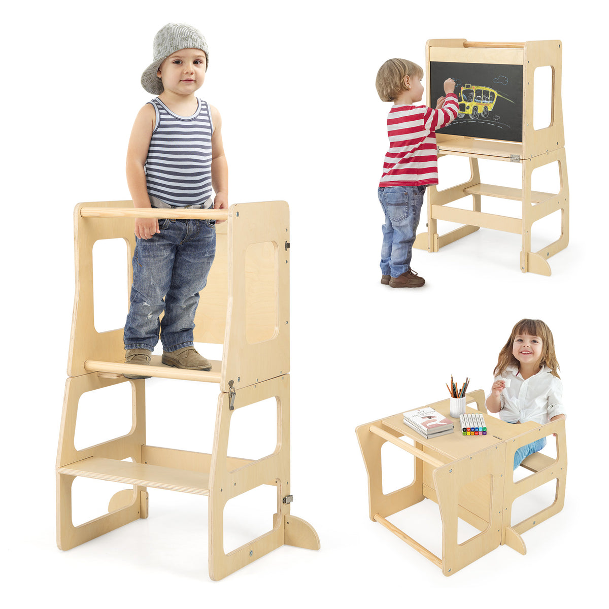 Natural 3-in-1 Foldable Kitchen Standing Tower for Toddlers with Chalkboard