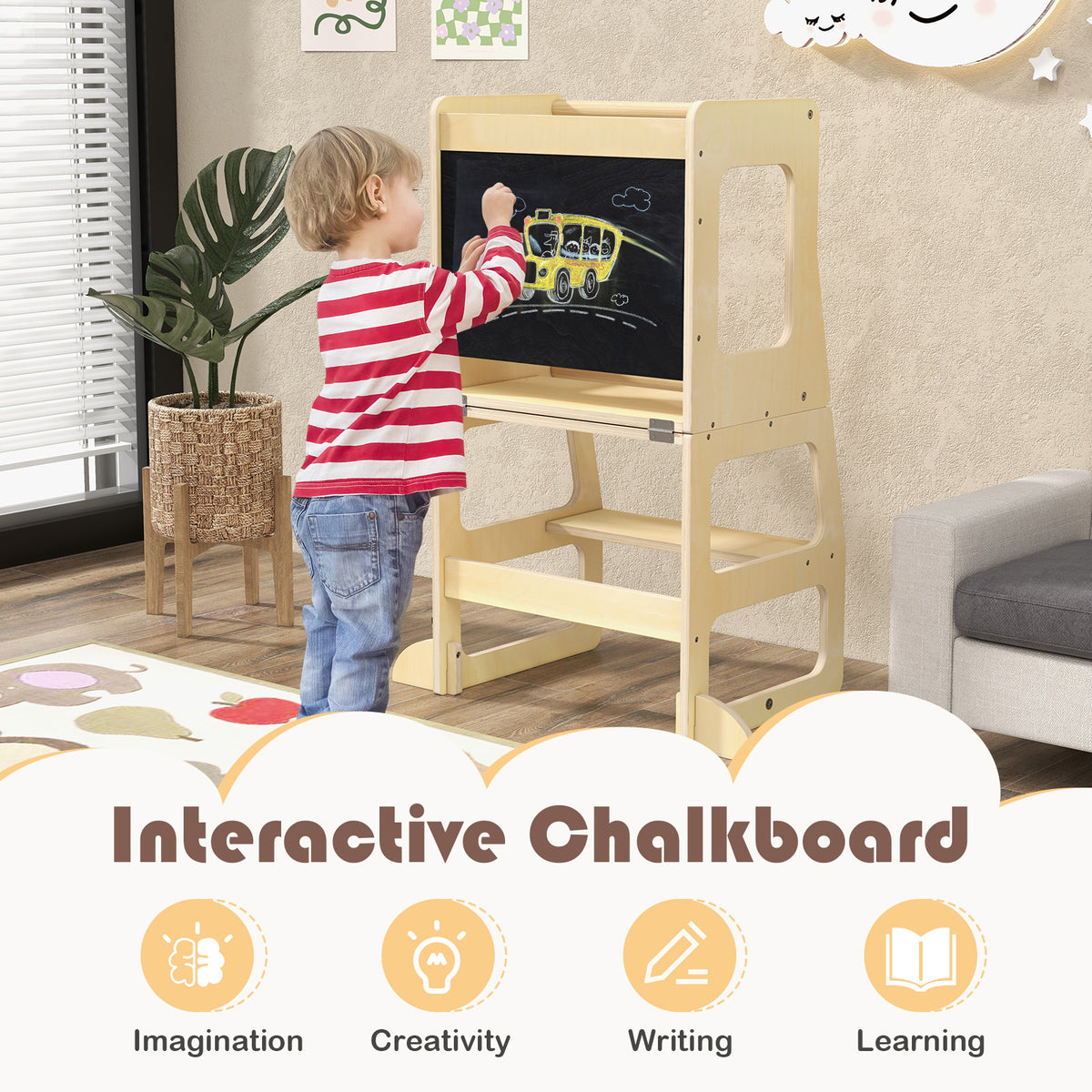Natural 3-in-1 Foldable Kitchen Standing Tower for Toddlers with Chalkboard