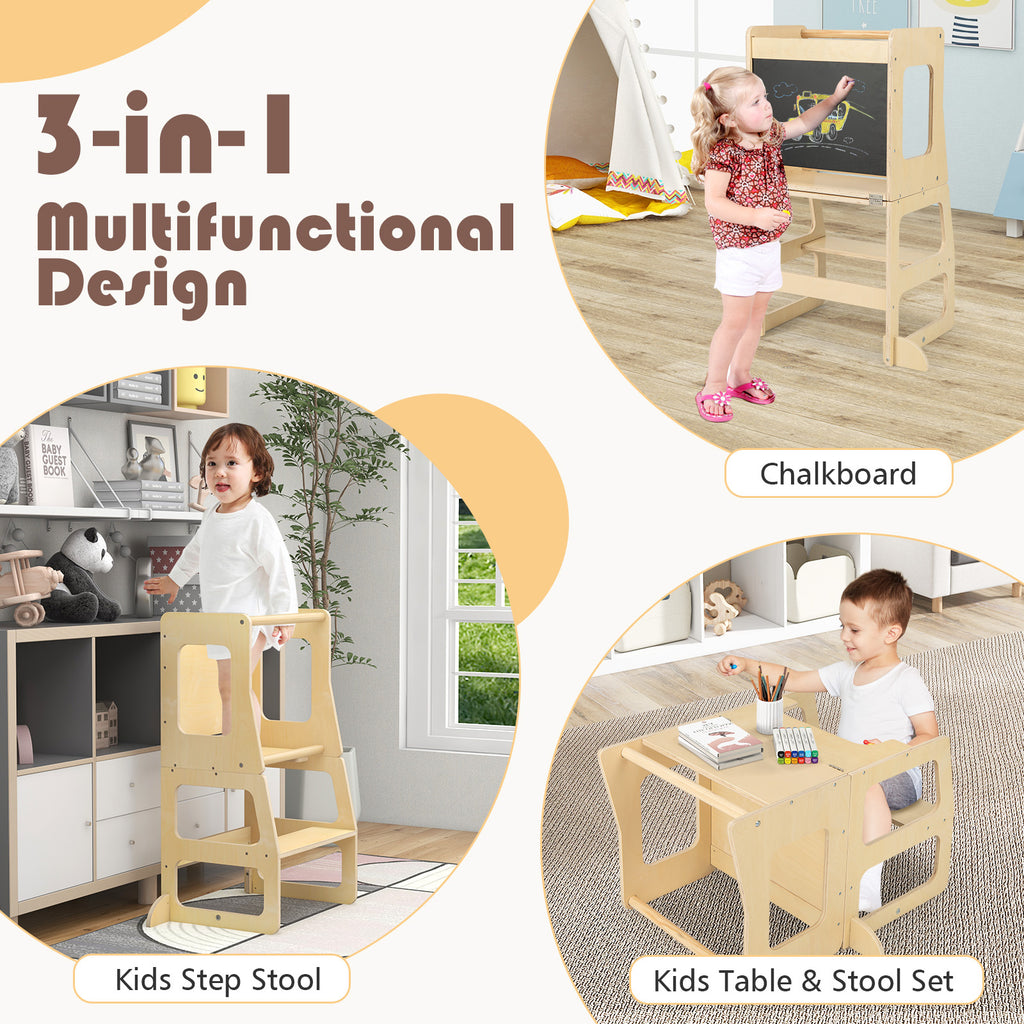 Natural 3-in-1 Foldable Kitchen Standing Tower for Toddlers with Chalkboard