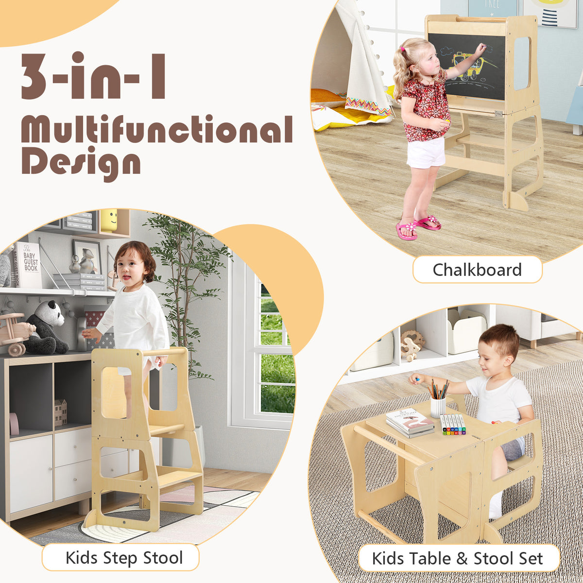 Natural 3-in-1 Foldable Kitchen Standing Tower for Toddlers with Chalkboard