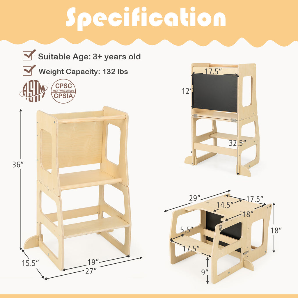 Natural 3-in-1 Foldable Kitchen Standing Tower for Toddlers with Chalkboard