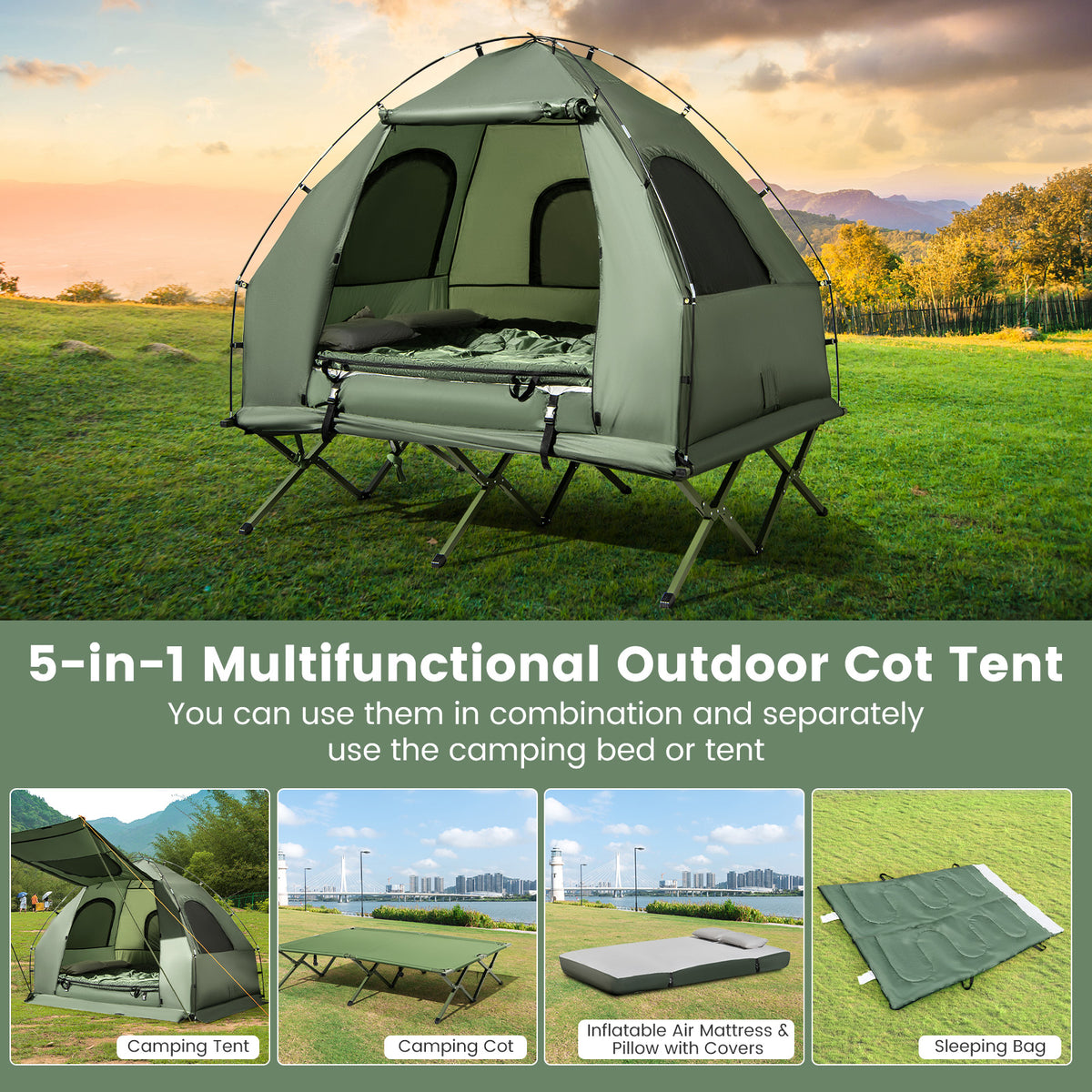 5-in-1 2-Person Foldable Outdoor Camping Tent Cot with Air Mattress