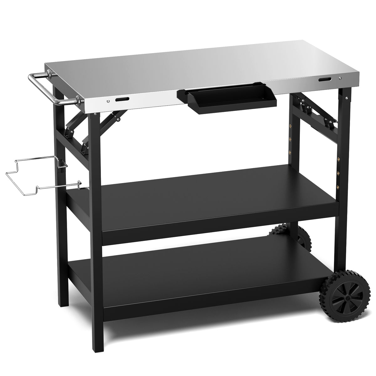 Movable Outdoor Grill Cart with Folding Tabletop and Hooks