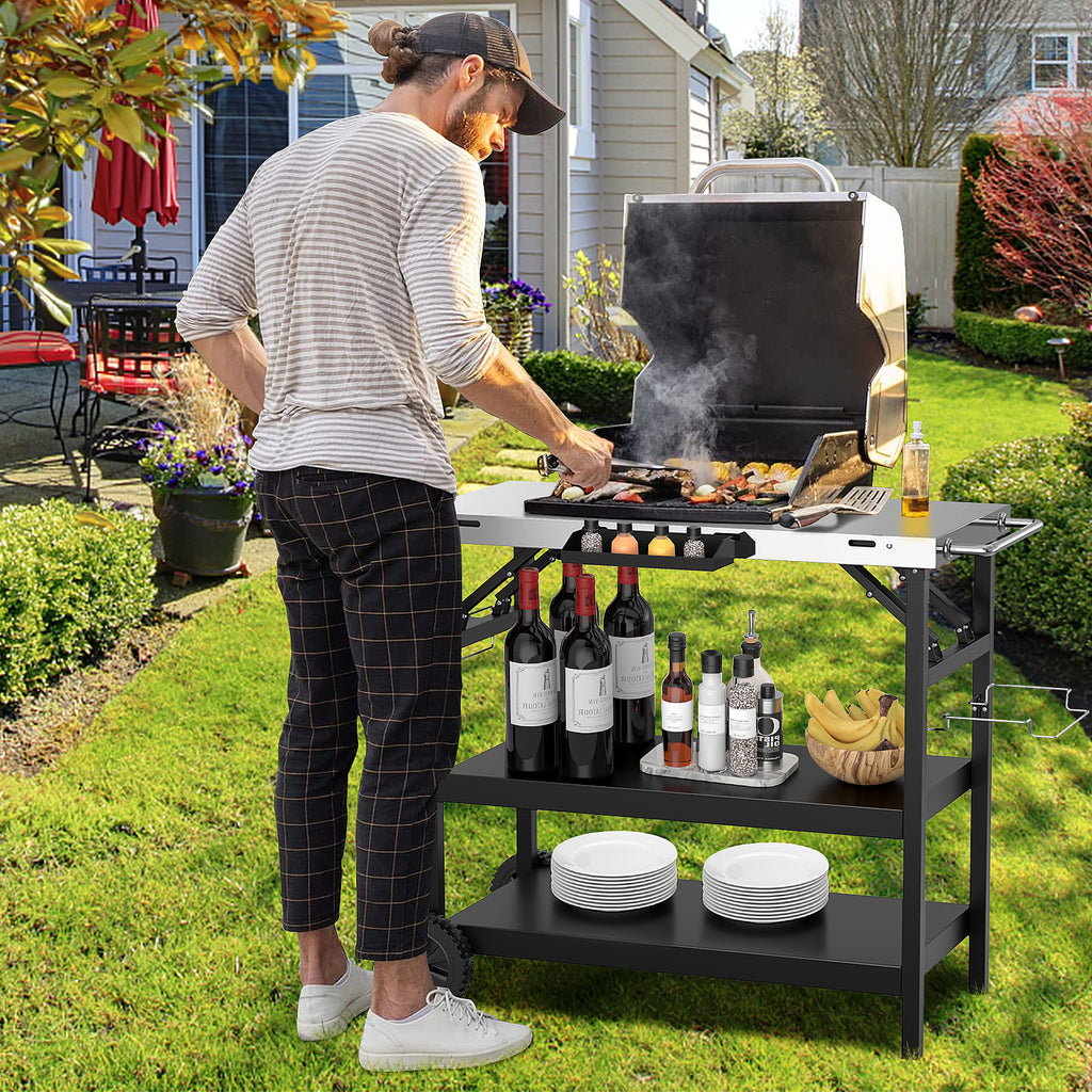3 Tiers Foldable Outdoor Cart on 2 Wheels with Phone Holder