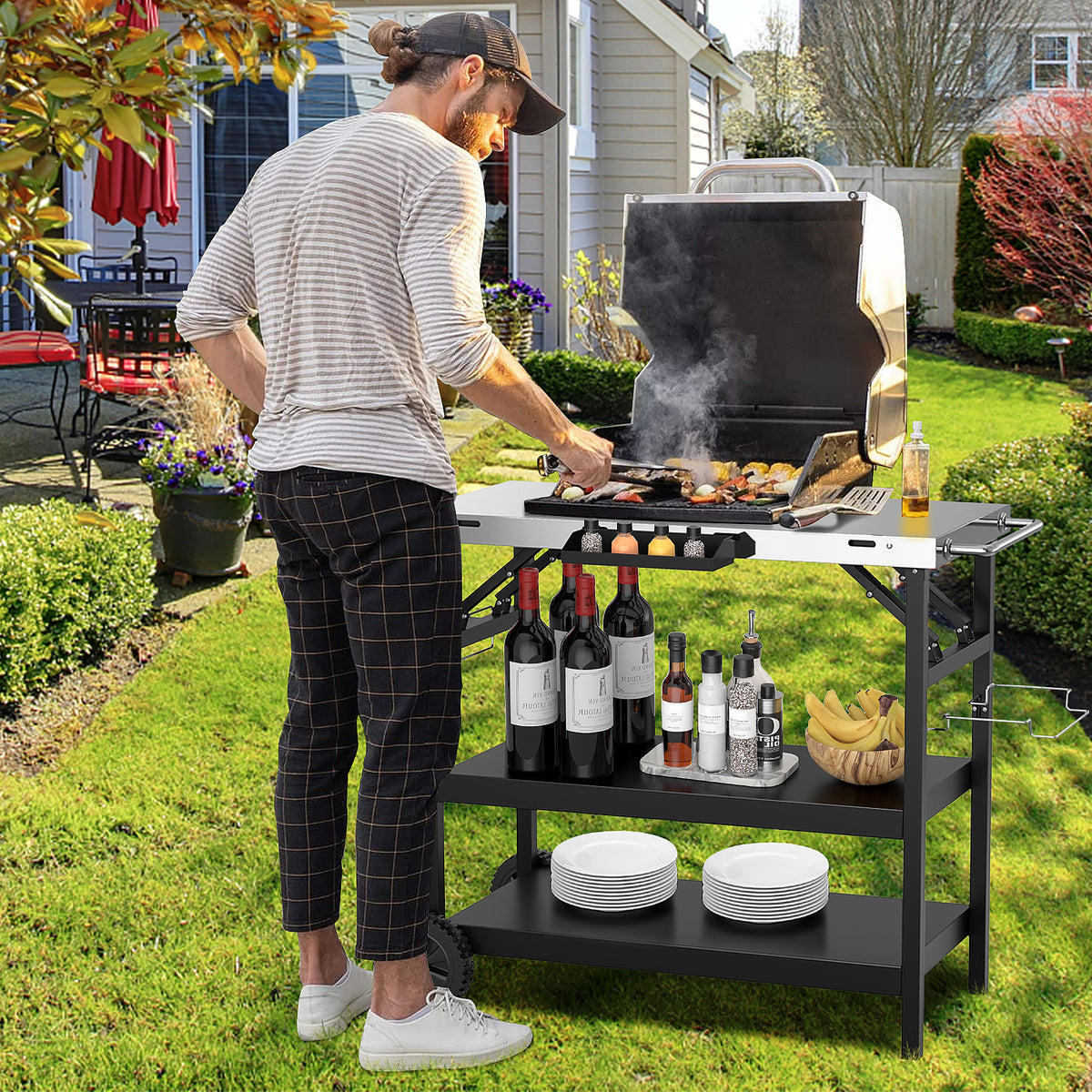 3 Tiers Foldable Outdoor Cart on 2 Wheels with Phone Holder