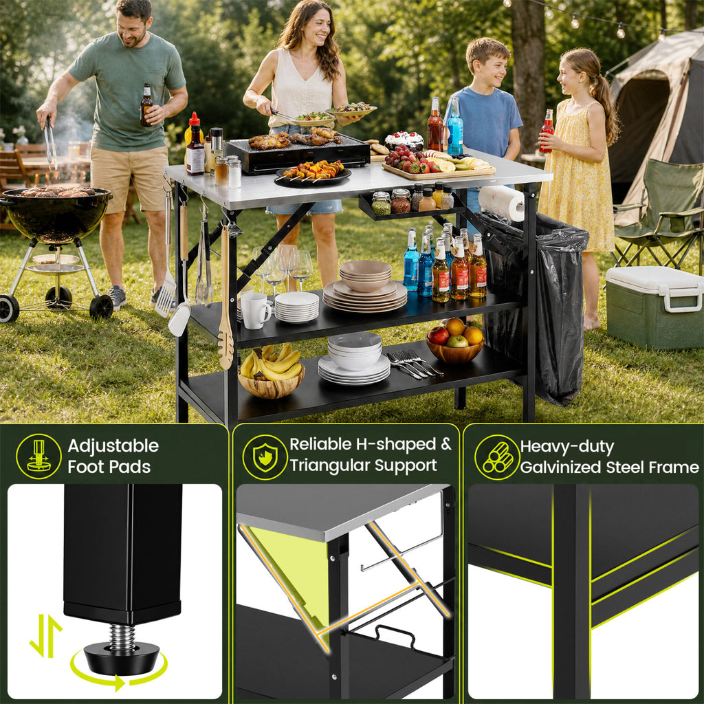 Foldable Outdoor Cook Station with Removable Shelves & Trash Bag