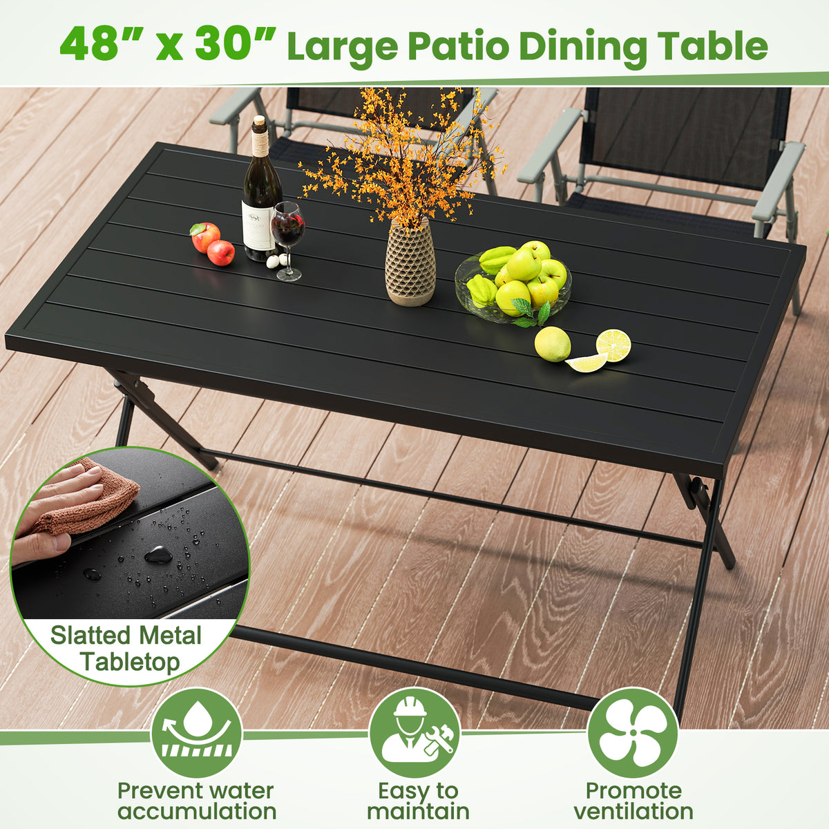 48" x 30" Foldable Outdoor Dining Table, Black