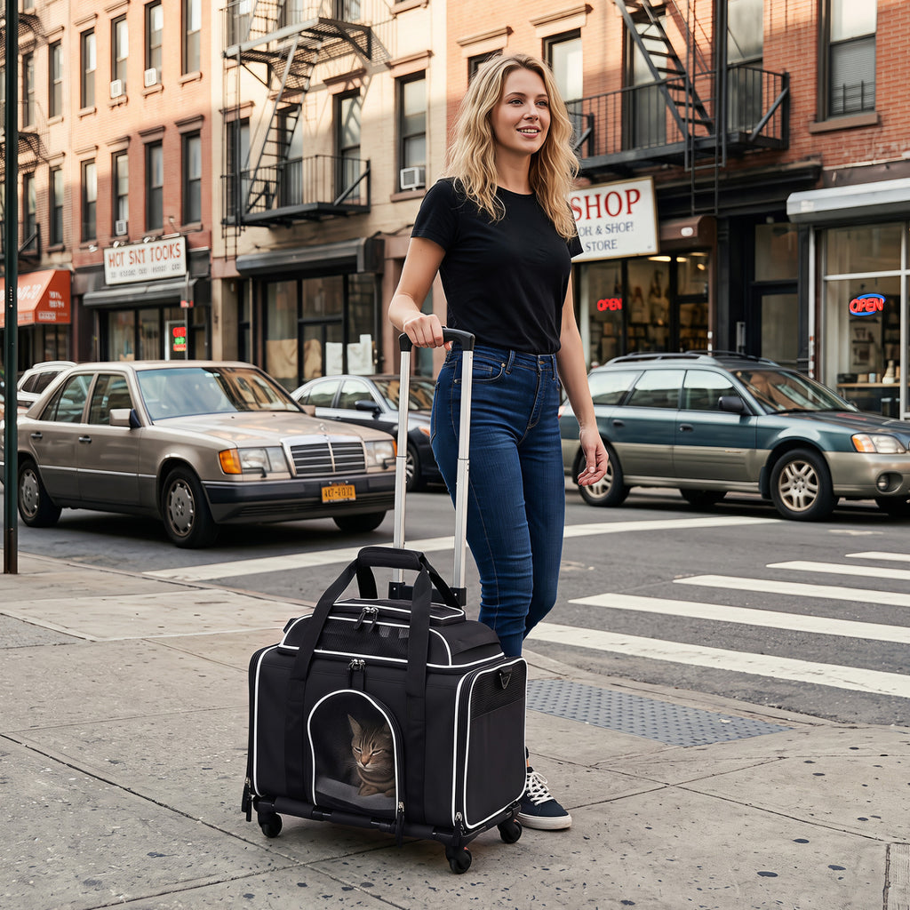 Black Foldable Pet Carrier with Wheels - Airline Approved Rolling Cat and Dog Carrier