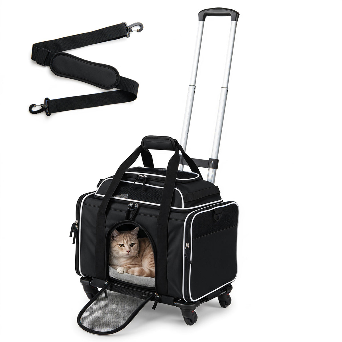 Black Foldable Pet Carrier with Wheels - Airline Approved Rolling Cat and Dog Carrier