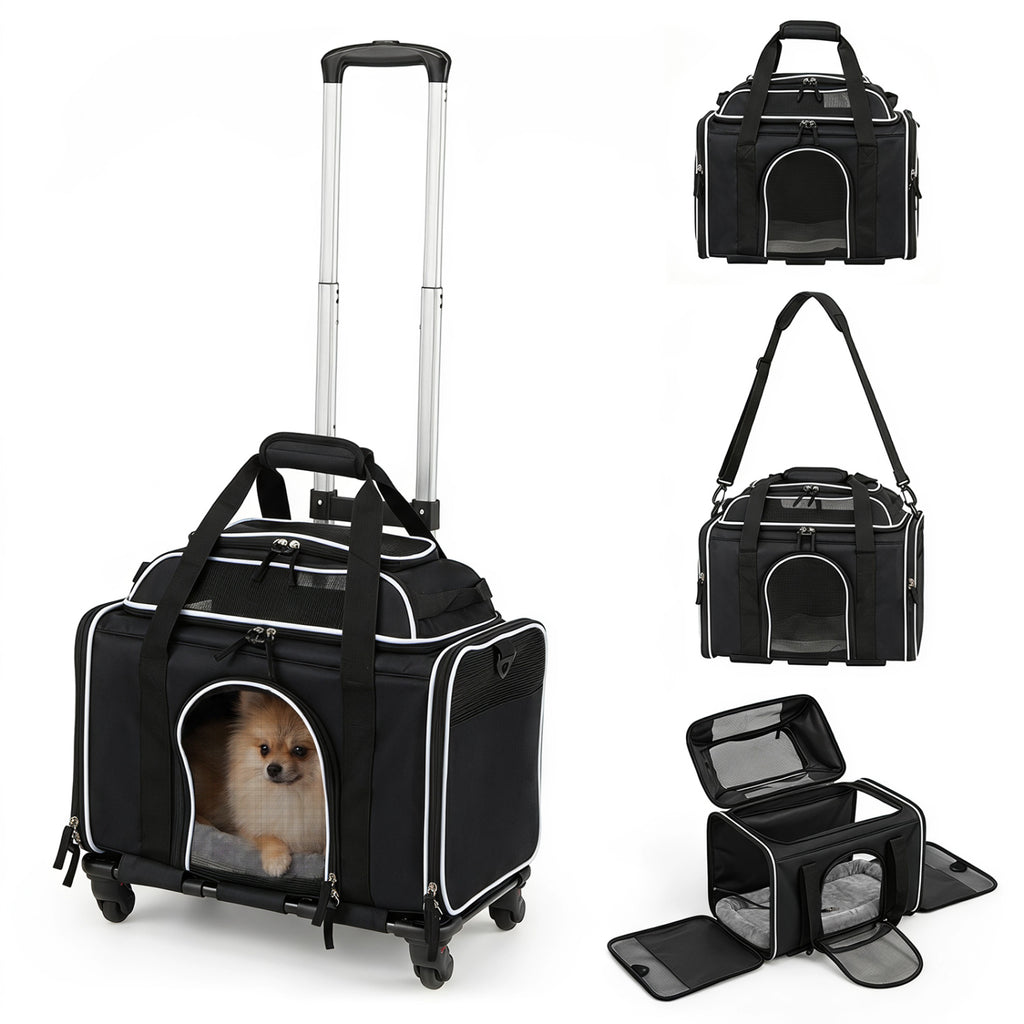 Black Foldable Pet Carrier with Wheels - Airline Approved Rolling Cat and Dog Carrier