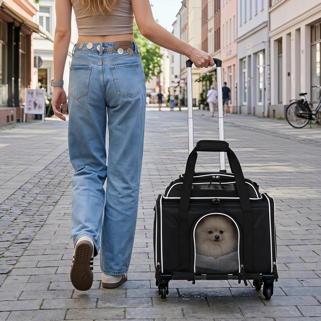 Black Foldable Pet Carrier with Wheels - Airline Approved Rolling Cat and Dog Carrier