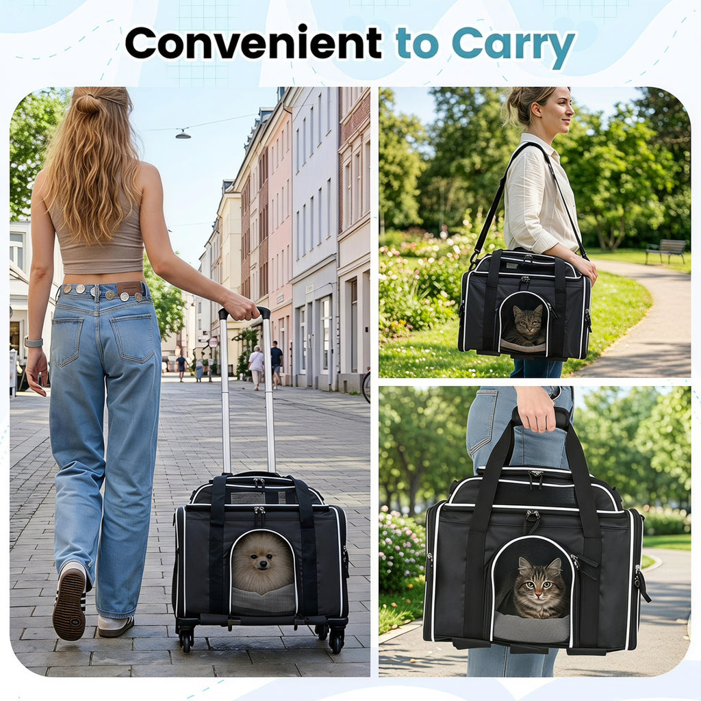 Black Foldable Pet Carrier with Wheels - Airline Approved Rolling Cat and Dog Carrier
