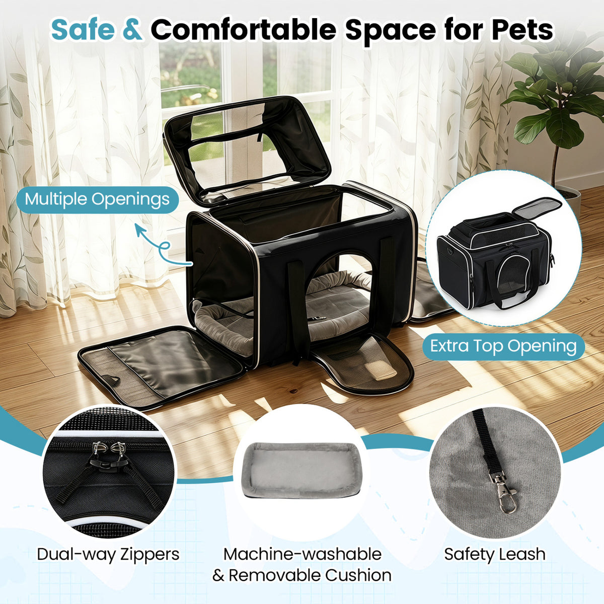 Black Foldable Pet Carrier with Wheels - Airline Approved Rolling Cat and Dog Carrier