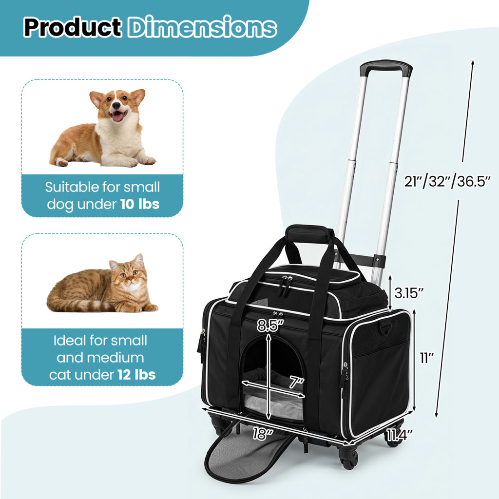 Black Foldable Pet Carrier with Wheels - Airline Approved Rolling Cat and Dog Carrier
