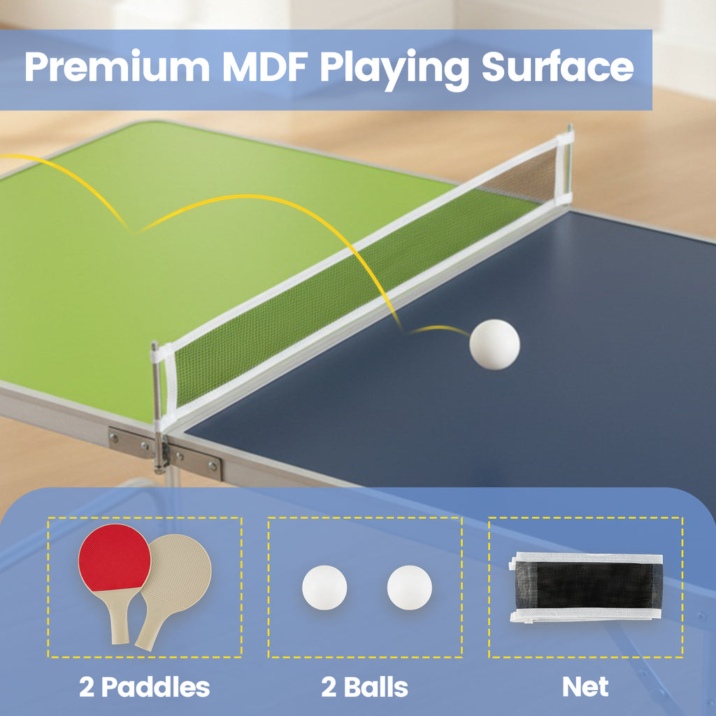 Foldable Mini Ping Pong Table Set with Adjustable Height - Blue & Green