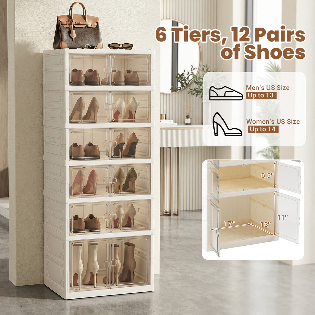 Foldable Shoe Cabinet Organizer 12-Pair 6-Tier - White