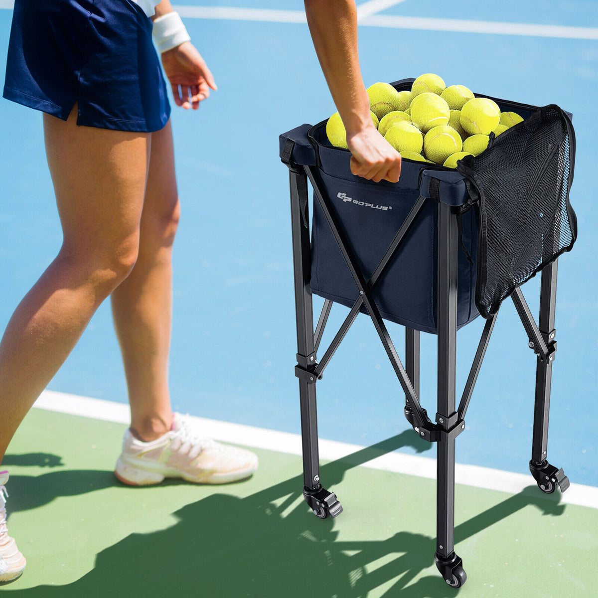 Foldable Tennis Ball Cart with Wheels and Removable Bag - Blue