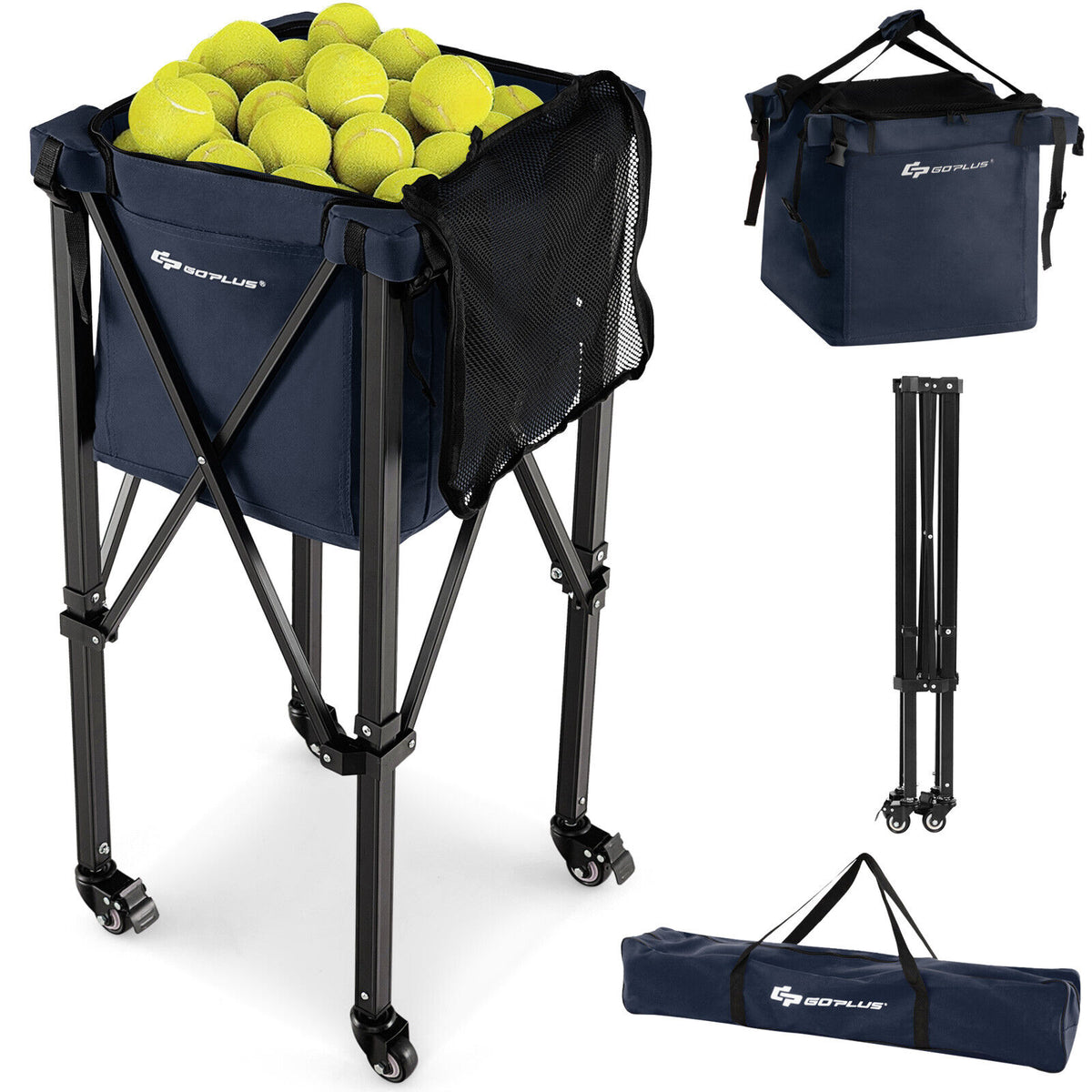 Foldable Tennis Ball Cart with Wheels and Removable Bag - Blue