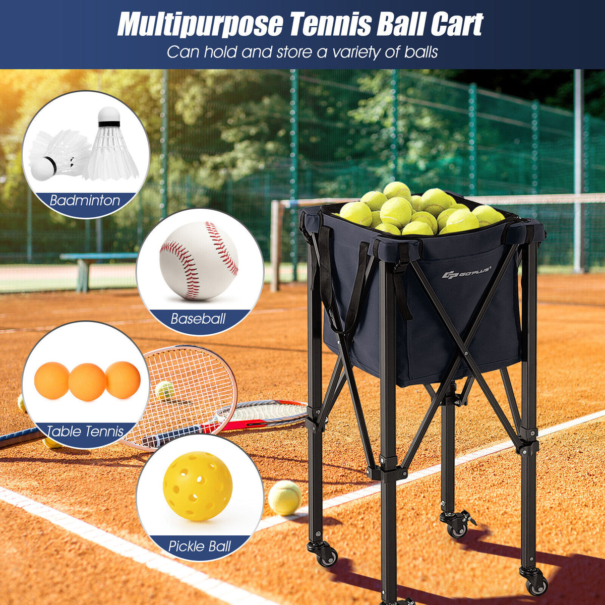 Foldable Tennis Ball Cart with Wheels and Removable Bag - Blue