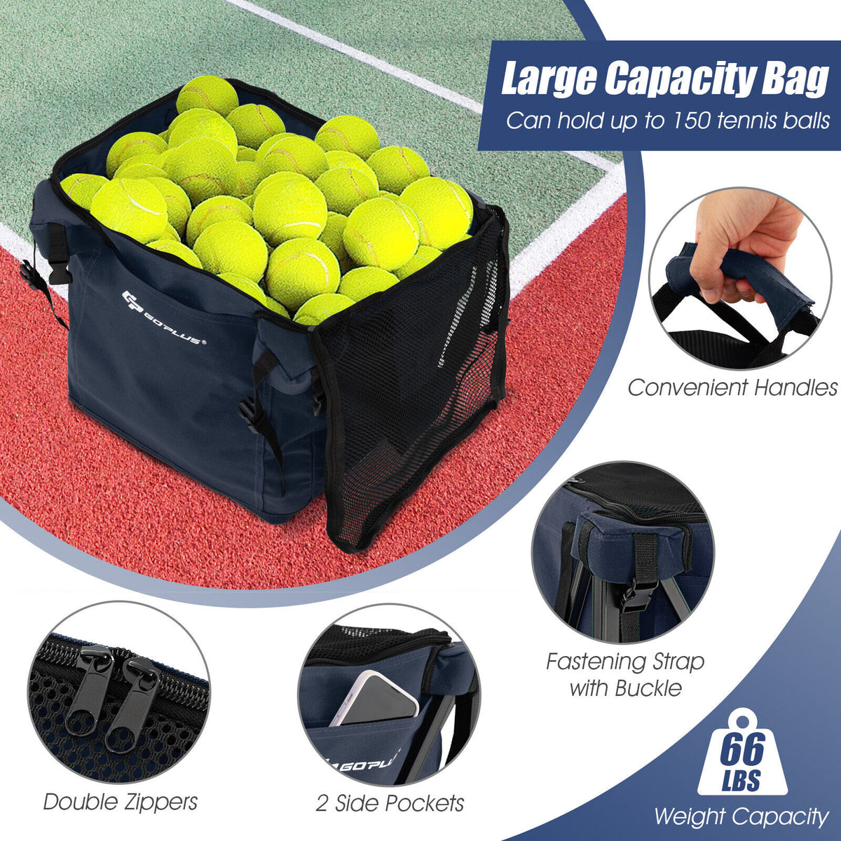Foldable Tennis Ball Cart with Wheels and Removable Bag - Blue