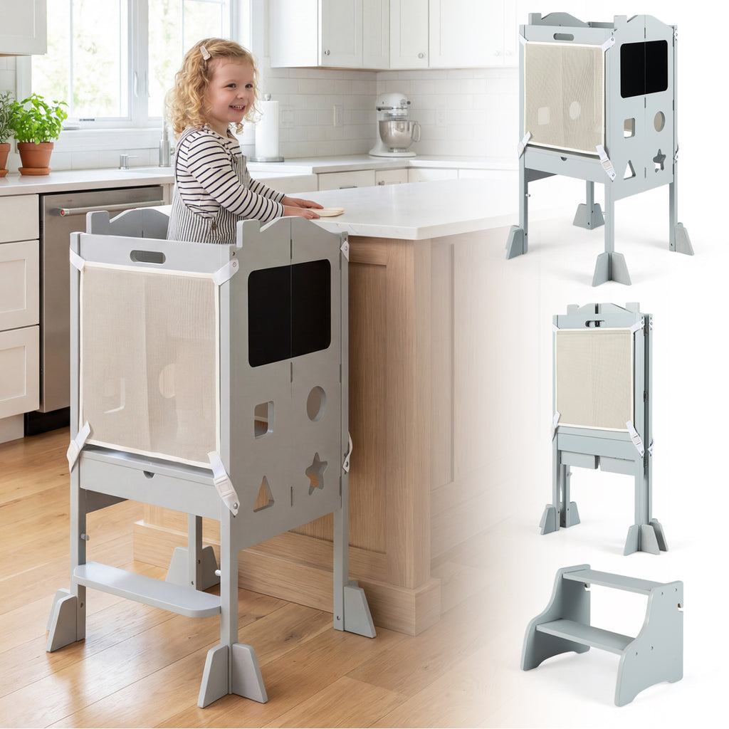White Foldable Toddler Step Stool with Chalkboards 2-Step School House Design