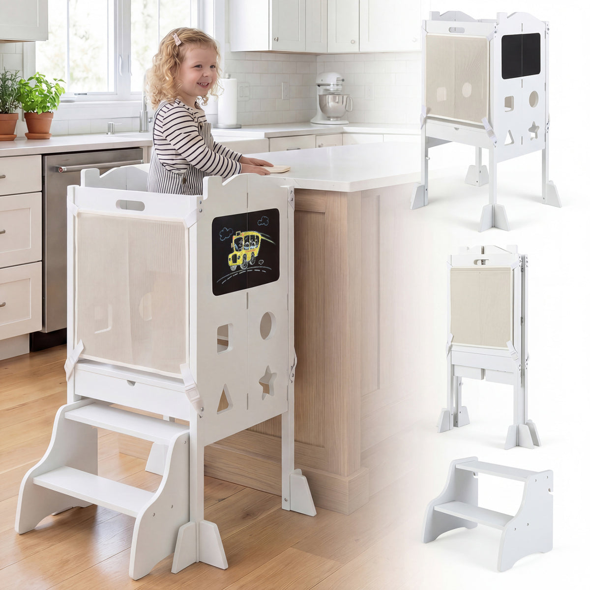 White Foldable Toddler Step Stool with Chalkboards 2-Step School House Design