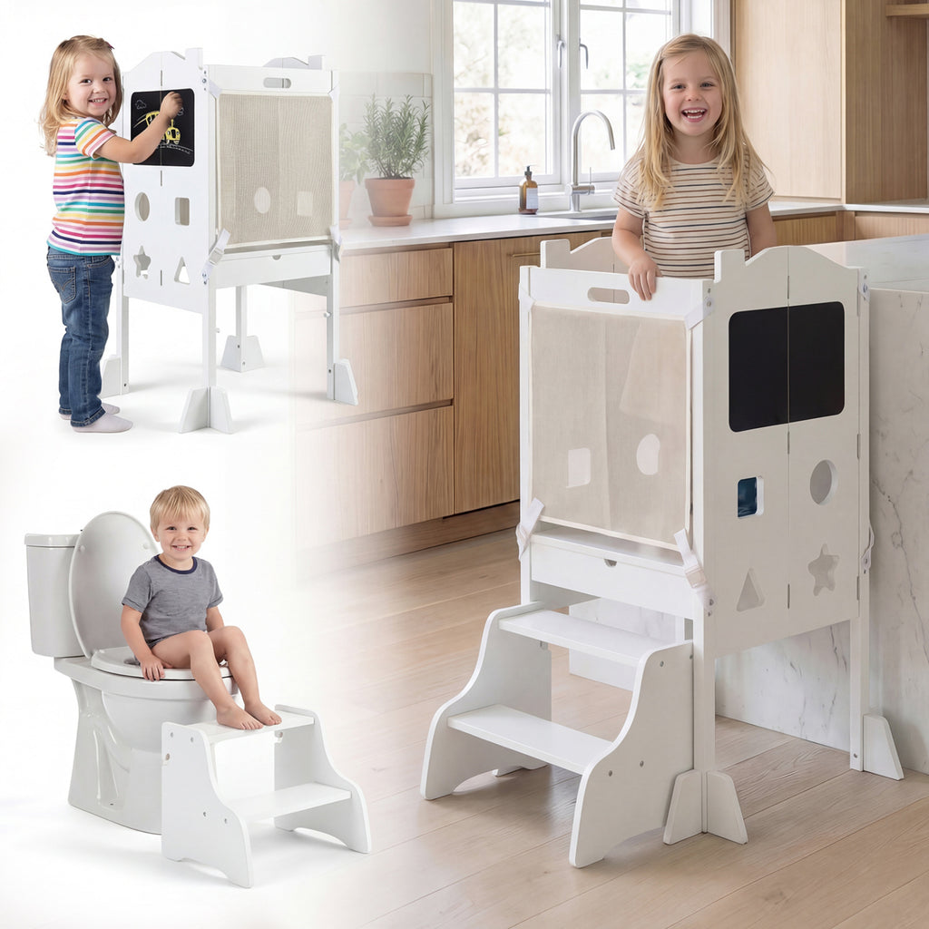 White Foldable Toddler Step Stool with Chalkboards 2-Step School House Design