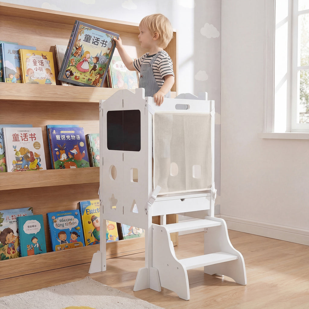 White Foldable Toddler Step Stool with Chalkboards 2-Step School House Design