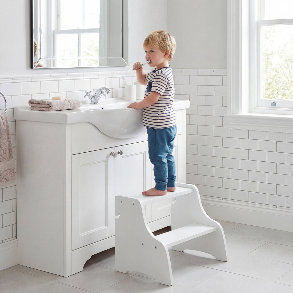 White Foldable Toddler Step Stool with Chalkboards 2-Step School House Design