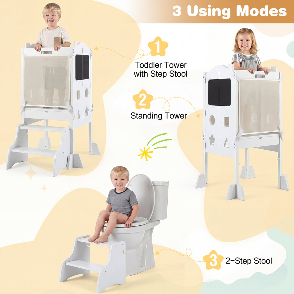 White Foldable Toddler Step Stool with Chalkboards 2-Step School House Design