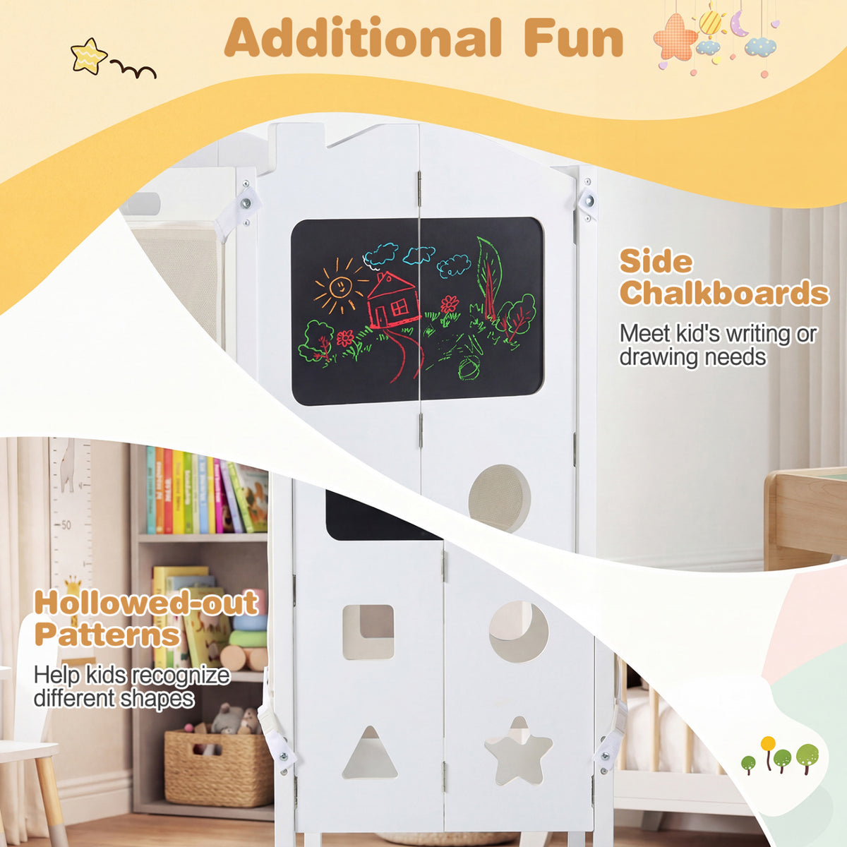 White Foldable Toddler Step Stool with Chalkboards 2-Step School House Design