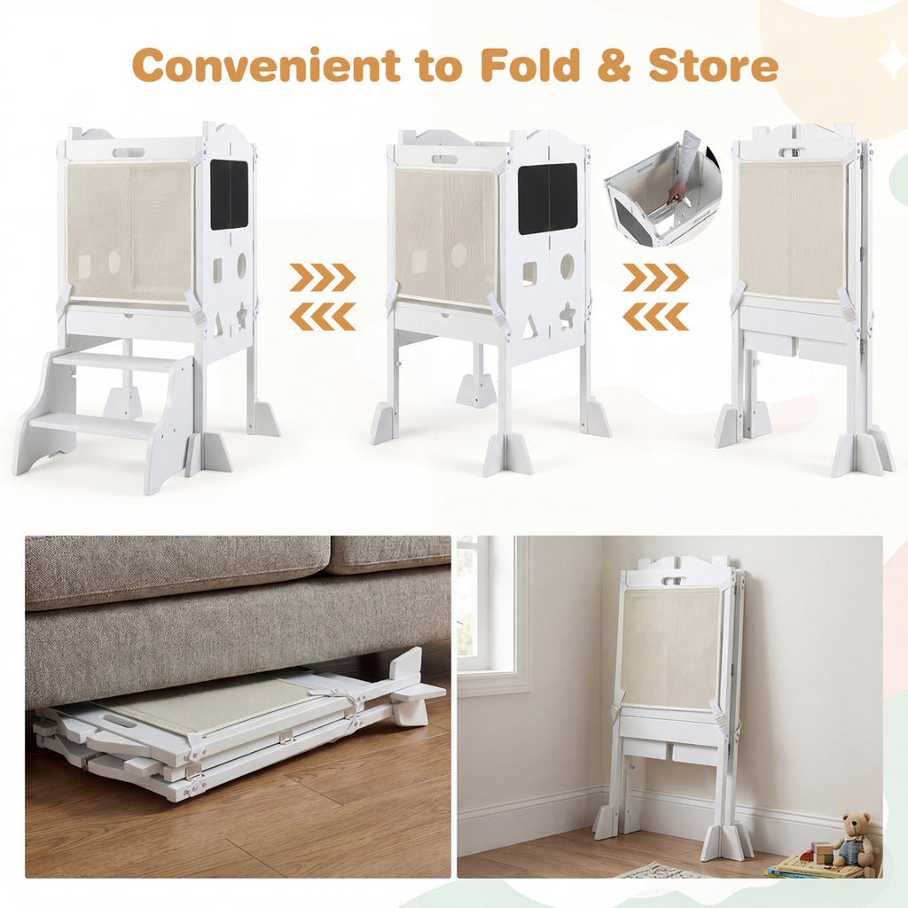White Foldable Toddler Step Stool with Chalkboards 2-Step School House Design