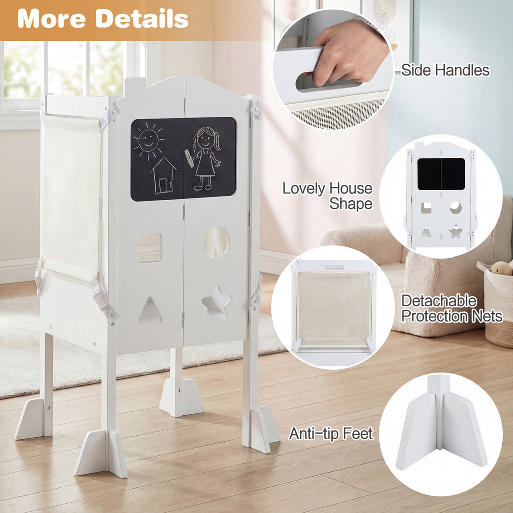 White Foldable Toddler Step Stool with Chalkboards 2-Step School House Design