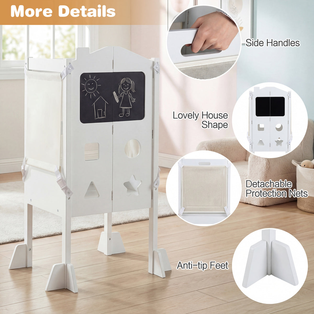 White Foldable Toddler Step Stool with Chalkboards 2-Step School House Design