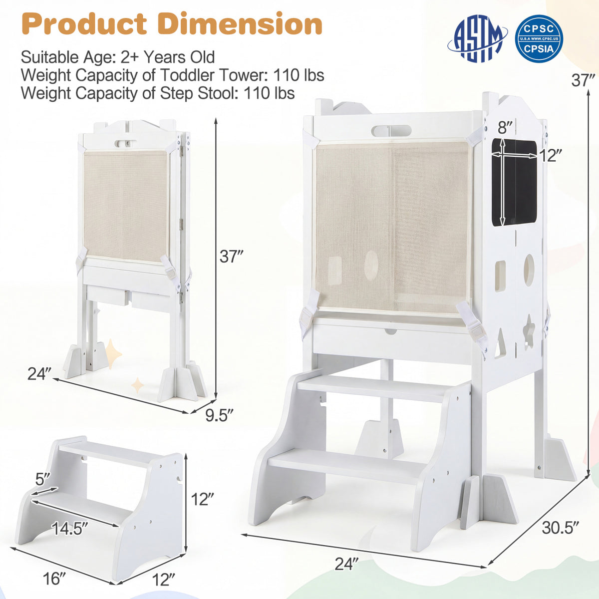 White Foldable Toddler Step Stool with Chalkboards 2-Step School House Design