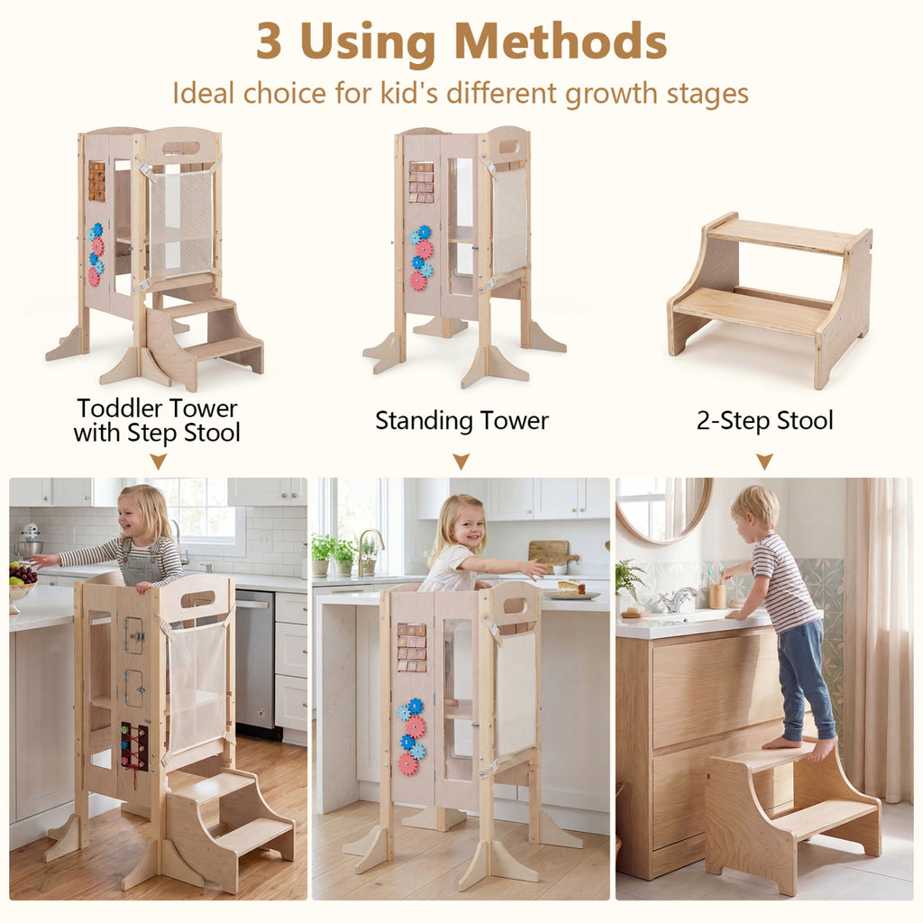 Foldable Wooden 2-Step Toddler Step Stool with Chalkboard & Montessori Games - Kid Safety