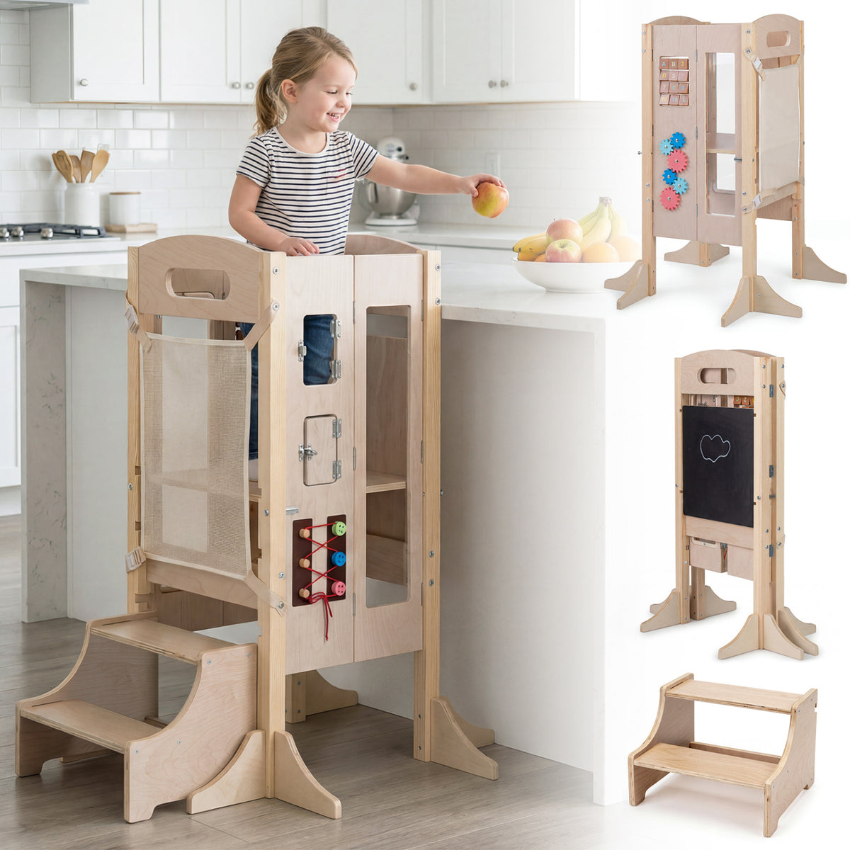 Foldable Wooden 2-Step Toddler Step Stool with Chalkboard & Montessori Games - Kid Safety