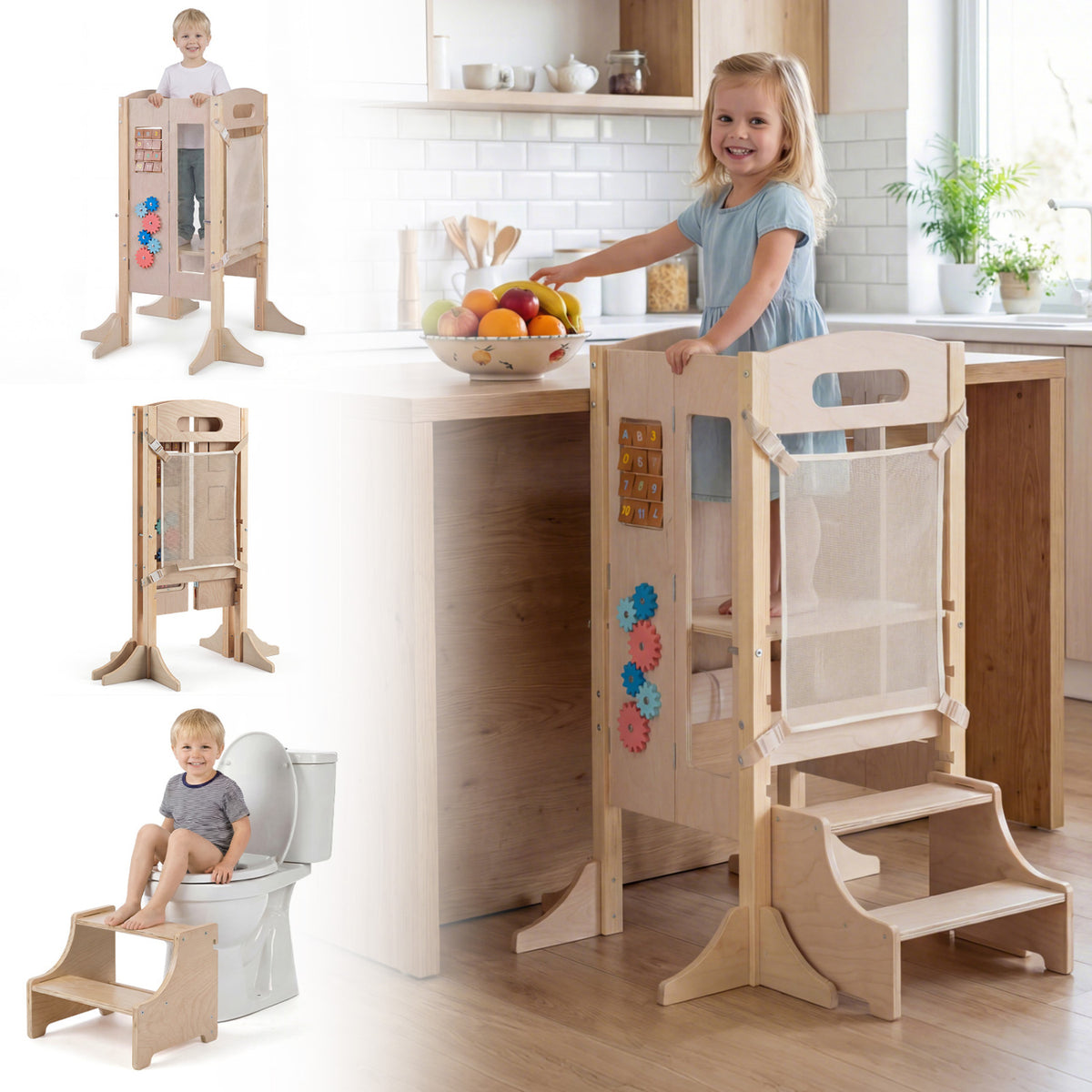 Foldable Wooden 2-Step Toddler Step Stool with Chalkboard & Montessori Games - Kid Safety