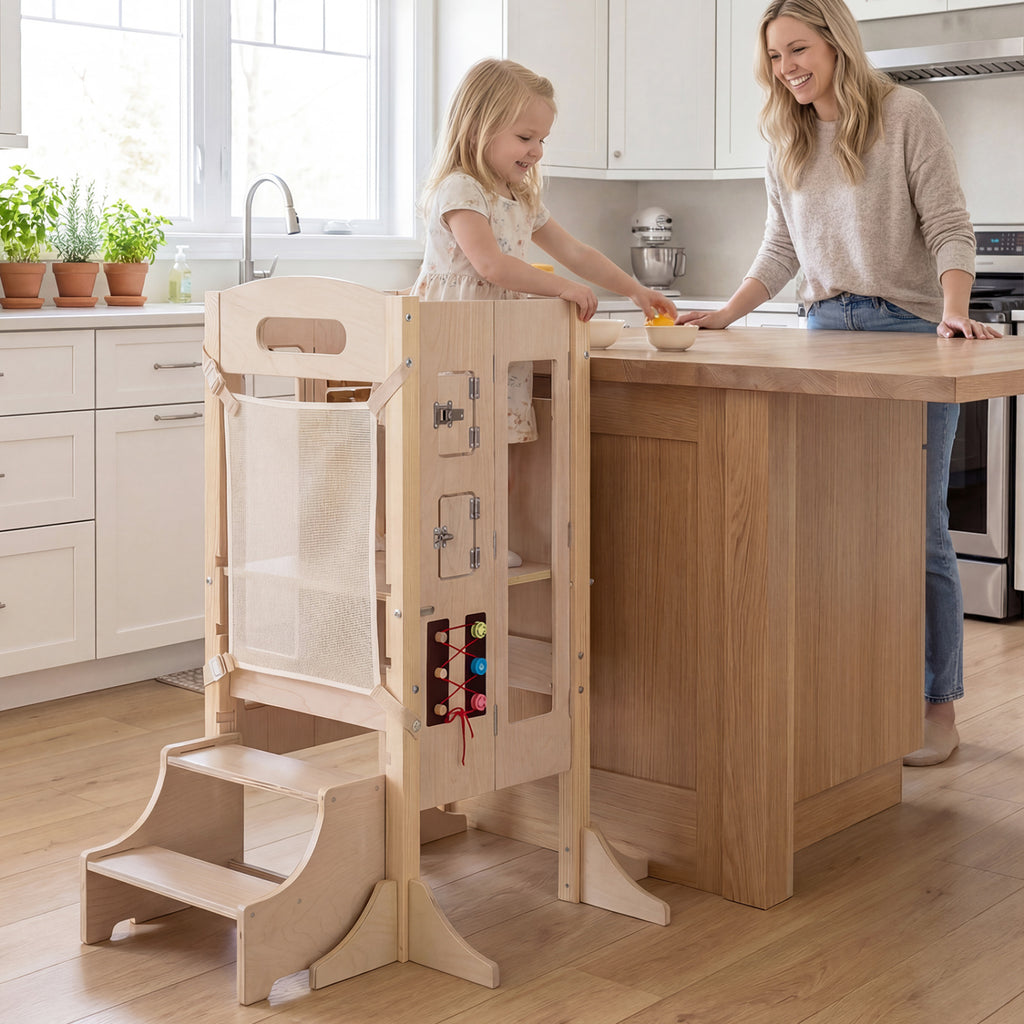 Foldable Wooden 2-Step Toddler Step Stool with Chalkboard & Montessori Games - Kid Safety