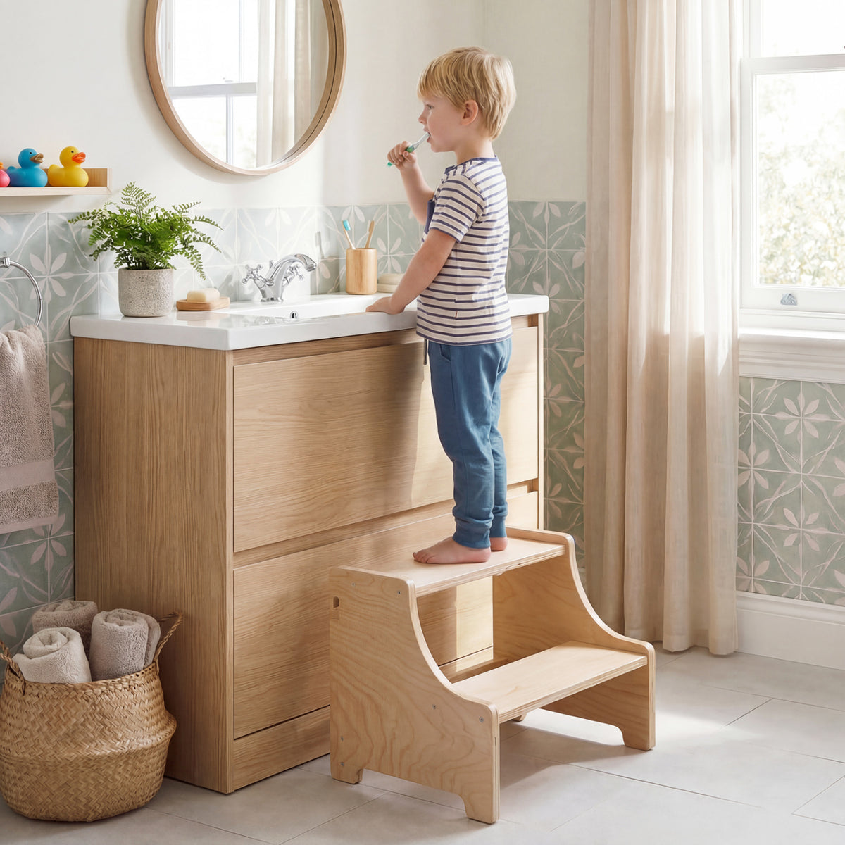 Foldable Wooden 2-Step Toddler Step Stool with Chalkboard & Montessori Games - Kid Safety