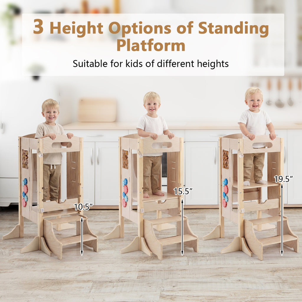Foldable Wooden 2-Step Toddler Step Stool with Chalkboard & Montessori Games - Kid Safety