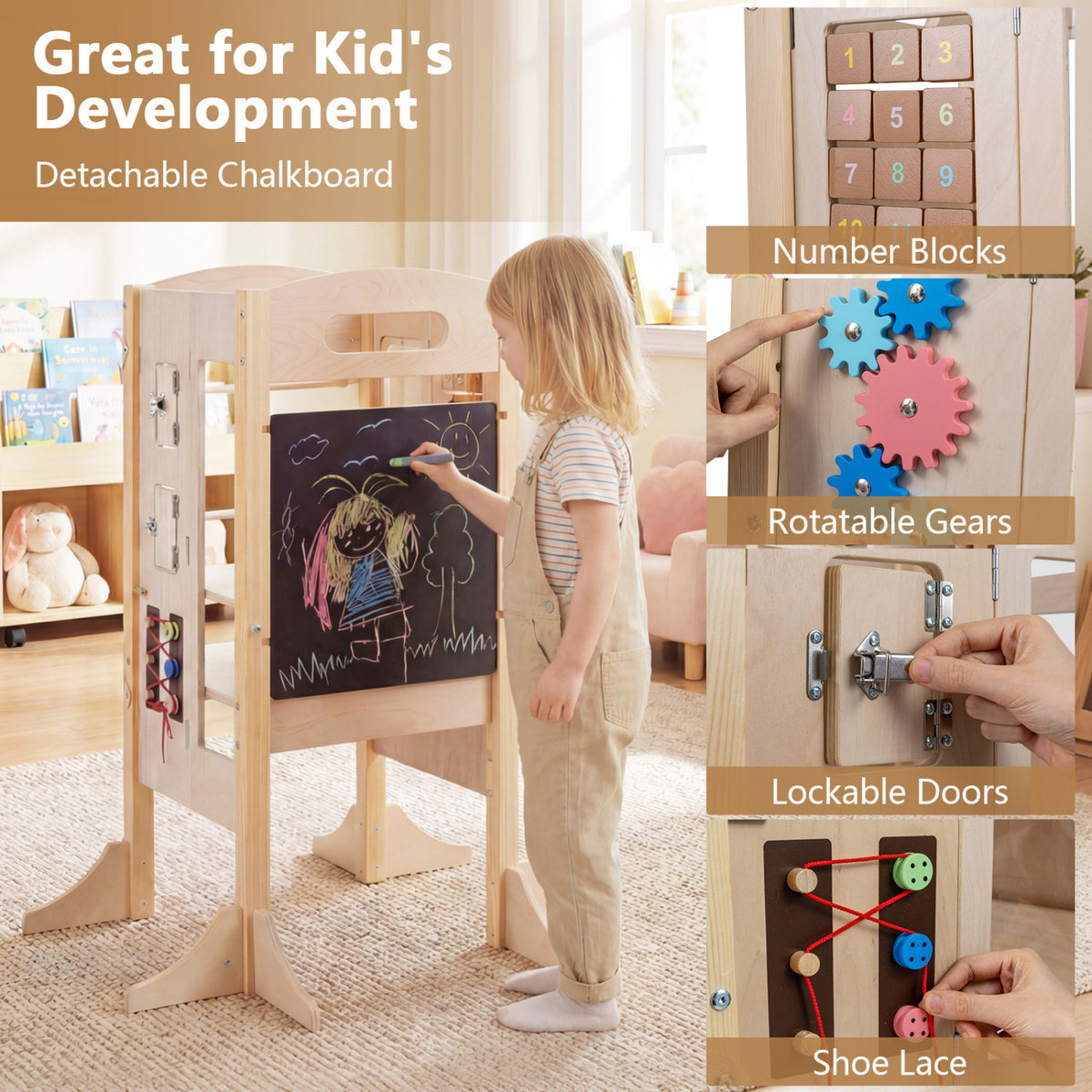 Foldable Wooden 2-Step Toddler Step Stool with Chalkboard & Montessori Games - Kid Safety
