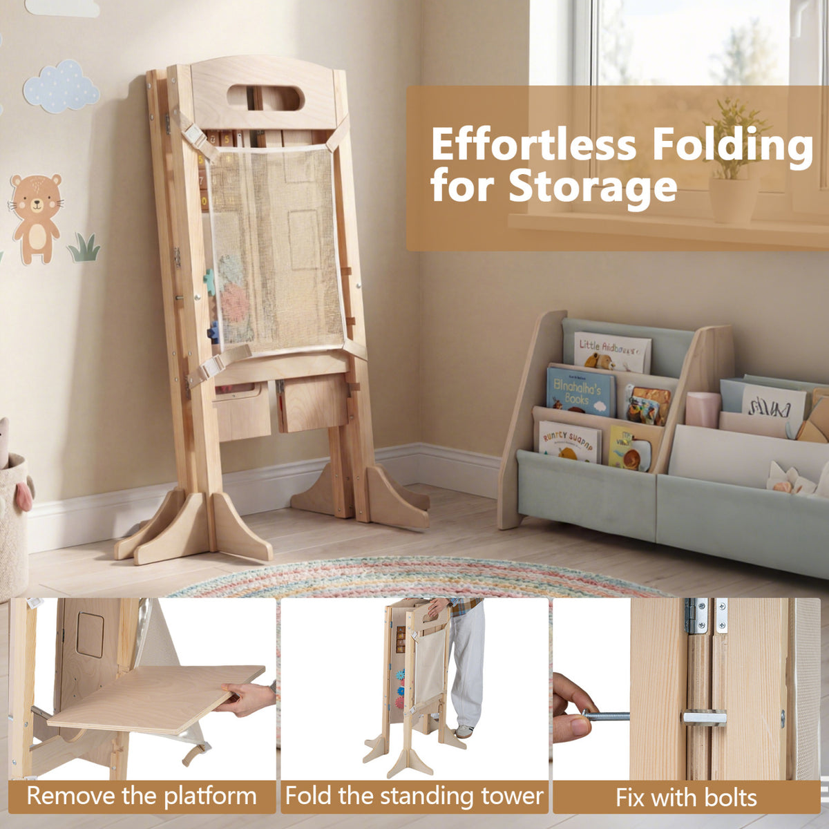 Foldable Wooden 2-Step Toddler Step Stool with Chalkboard & Montessori Games - Kid Safety