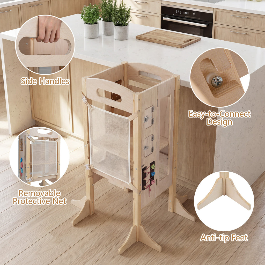 Foldable Wooden 2-Step Toddler Step Stool with Chalkboard & Montessori Games - Kid Safety