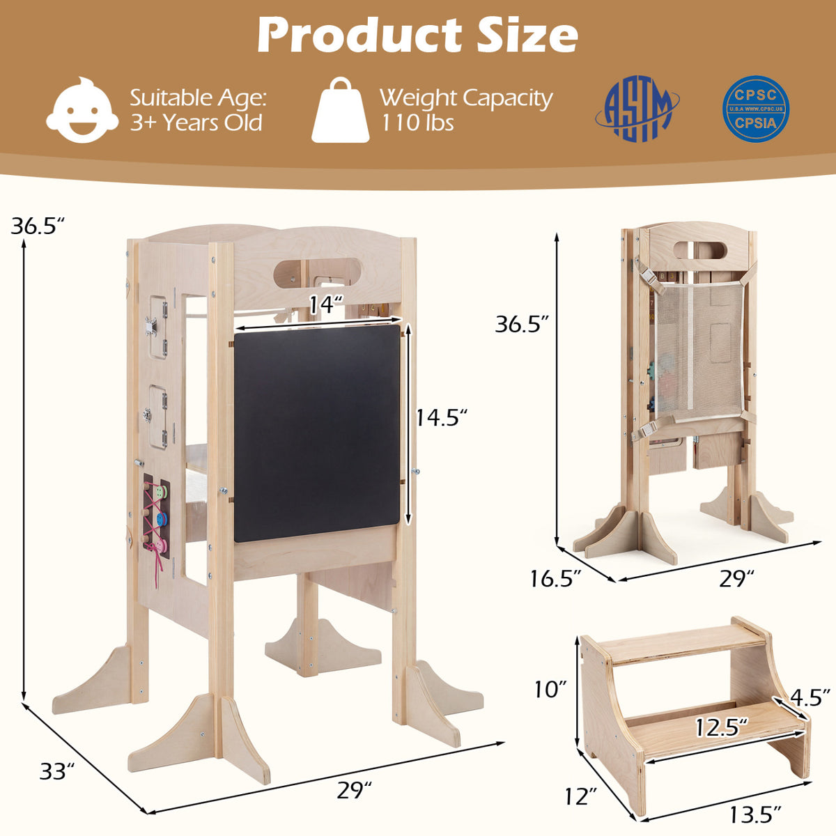 Foldable Wooden 2-Step Toddler Step Stool with Chalkboard & Montessori Games - Kid Safety