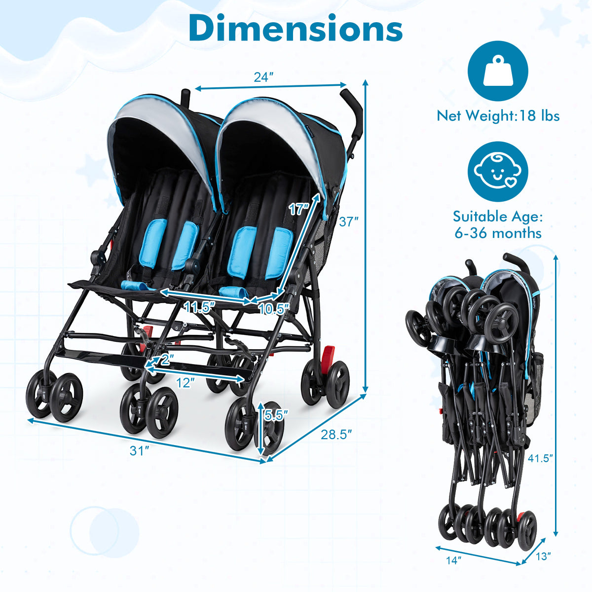 Navy Foldable Twin Baby Double Umbrella Stroller - Ultralight & Compact