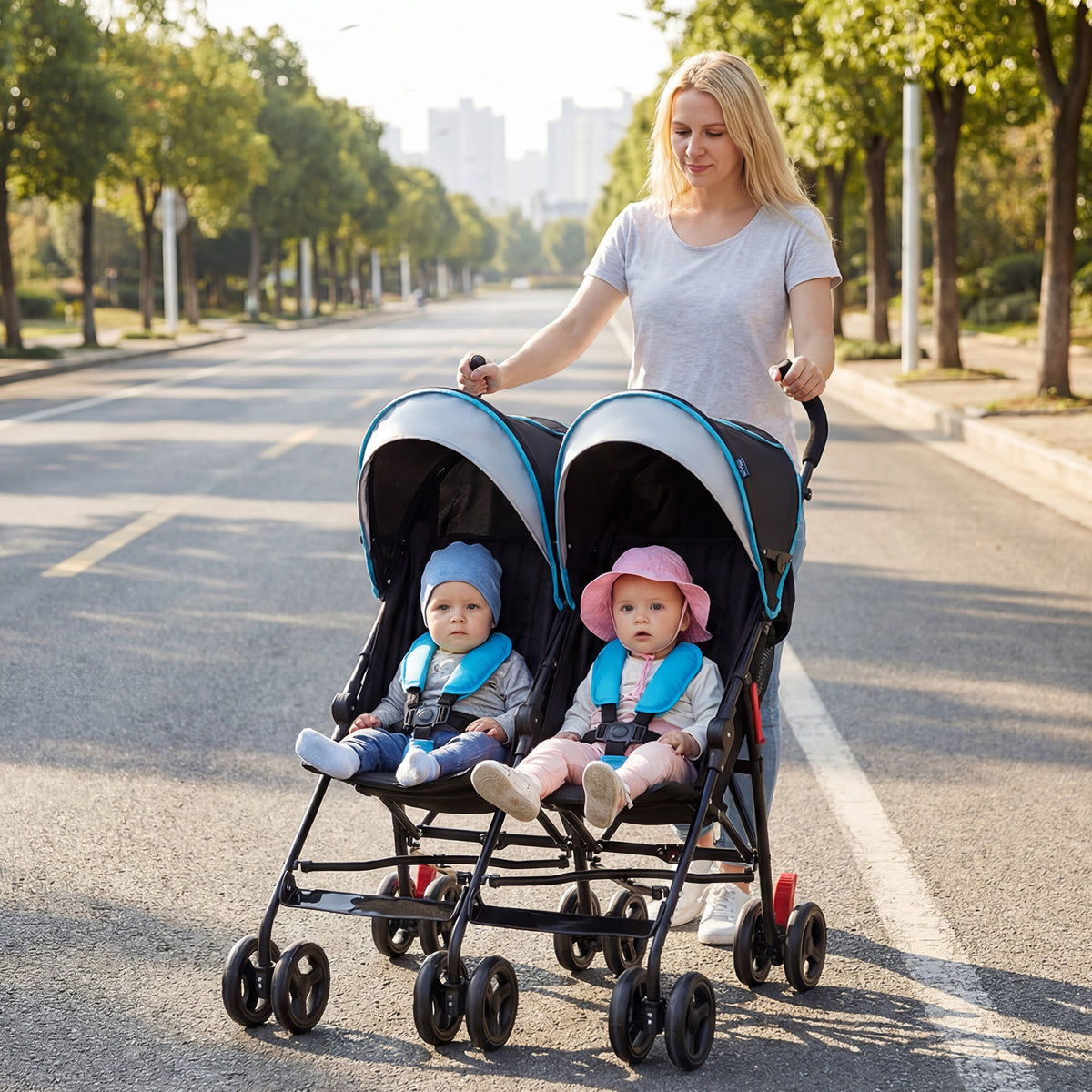 Navy Foldable Twin Baby Double Umbrella Stroller - Ultralight & Compact